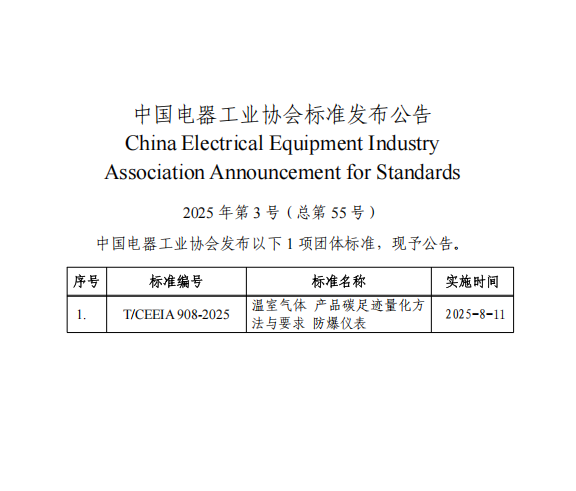 中电协标准委【2025】171 号 关于发布《温室气体 产品碳足迹量化方法与要求 防爆仪表》1项中电协团体标准公告